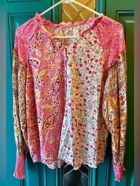 Patchwork Boho Floral Paisley Print Blouse Long Sleeve Smocked Cuff Pink Orange
